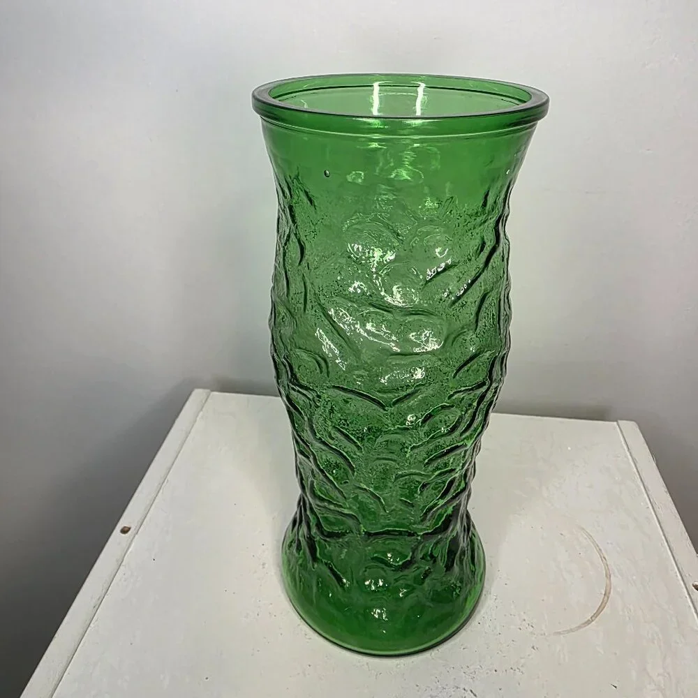 Hoosier Green Glass Vase Crinkled Textured 9.5